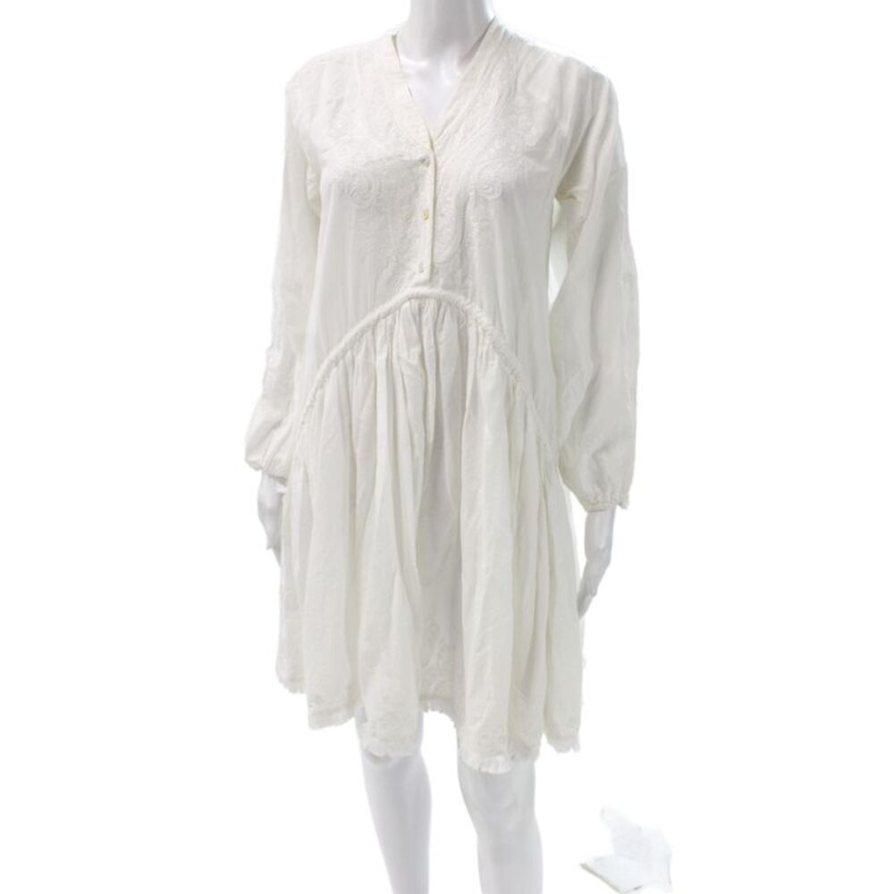 Zimmermann Women Mini V-Neck White Cotton Long Sleeve Dress Size 0